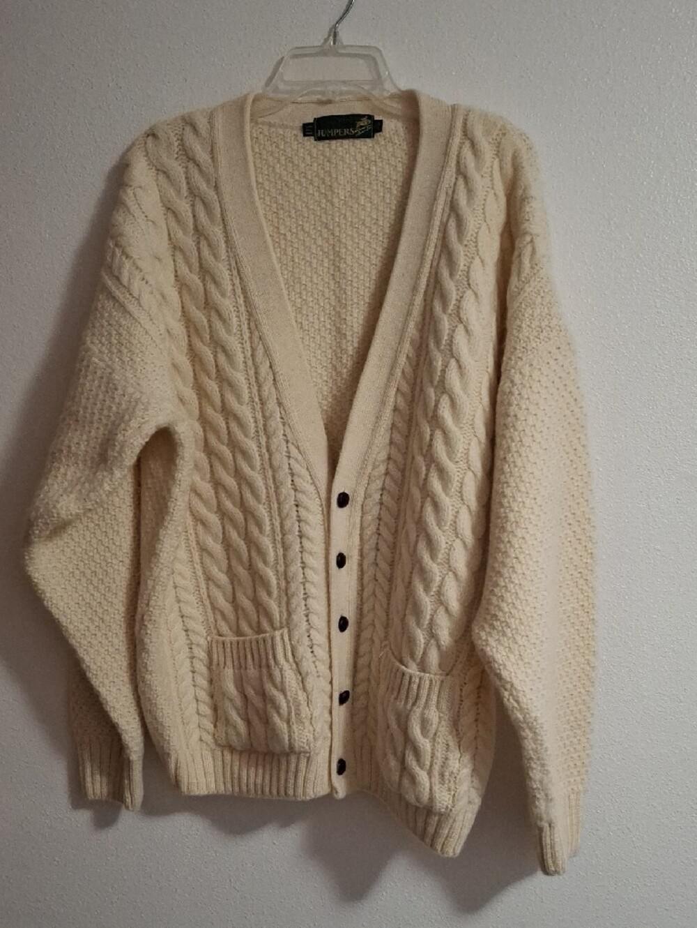 Vintage Jumpers Pure New Wool Fisherman Cream Cable Knit Cardigan Sweater Xl